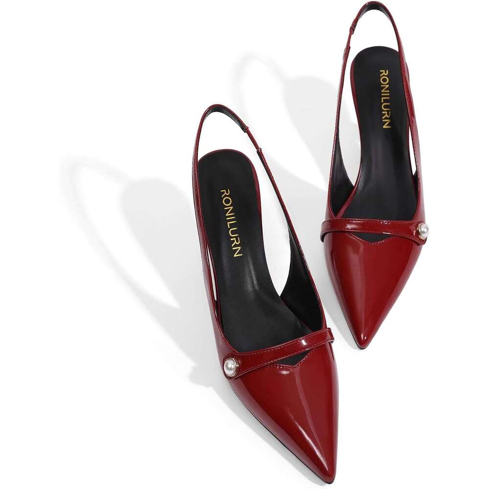Slingback Low Heel Pumps Dress Shoes Women Closed Pointed Toe Pearl Heels For Work Wedding Bridal
