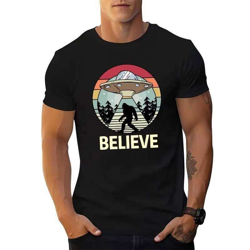 Men Women Short Sleeve Crew Neck T-Shirt Flying Saucer with Portholes Print Silhouette Forest Trees Backdrop X260209
