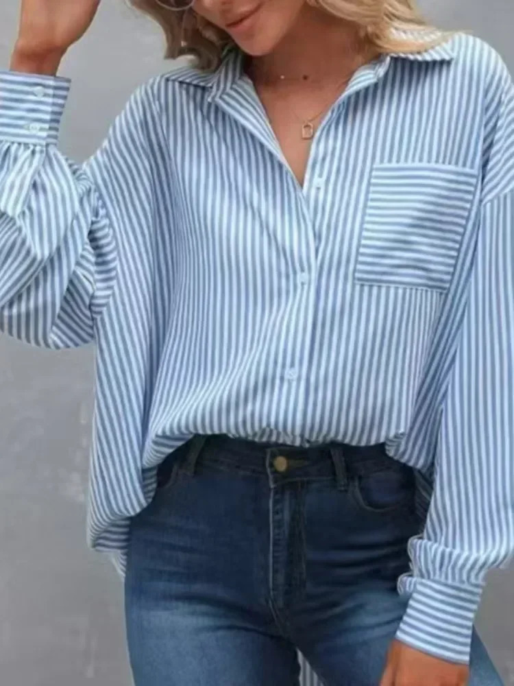 Plus Size Womens Shirt Summer Feminino Casual Pocket Baggy Loose Top Striped Classic Longsleeved Work Blouse Clothing 260207