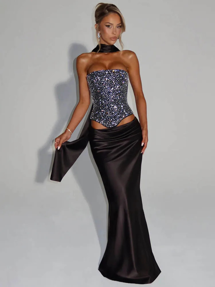 Mozision Sequins Sexy Dress Set Women Sparkle Scarf Collar Crop Tops And Maxi Skirt Elegant Club Party Satin Skirt Matching Set 260208