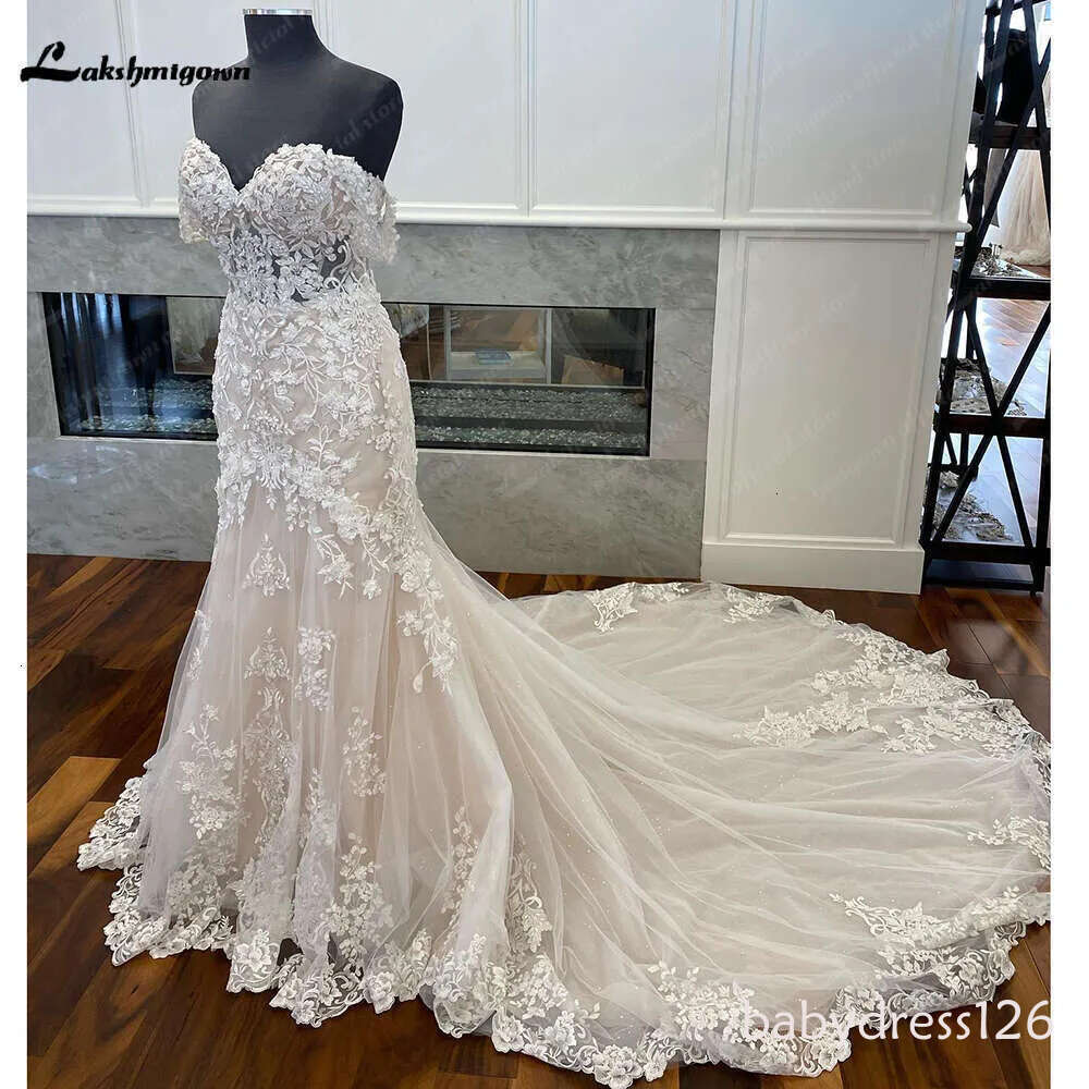 Light Champagne Off the Shoulder Mermaid Dress Lace Appliques Tulle Bridal Wedding Gowns vestido de casamento princesa
