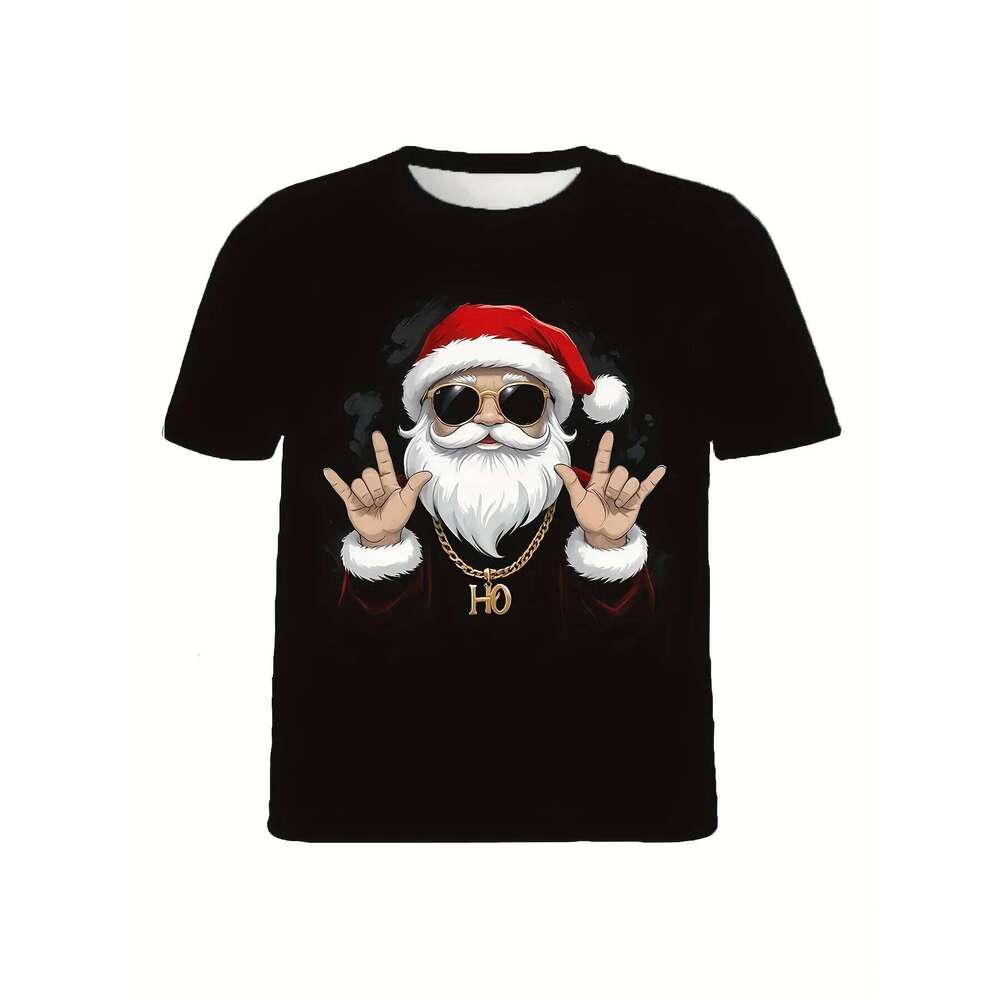Cool Santa Rock On Graphic Tee Men's Summer Casual Round Neck Short Sleeve T-Shirt Festive Hip Hop Style X260209