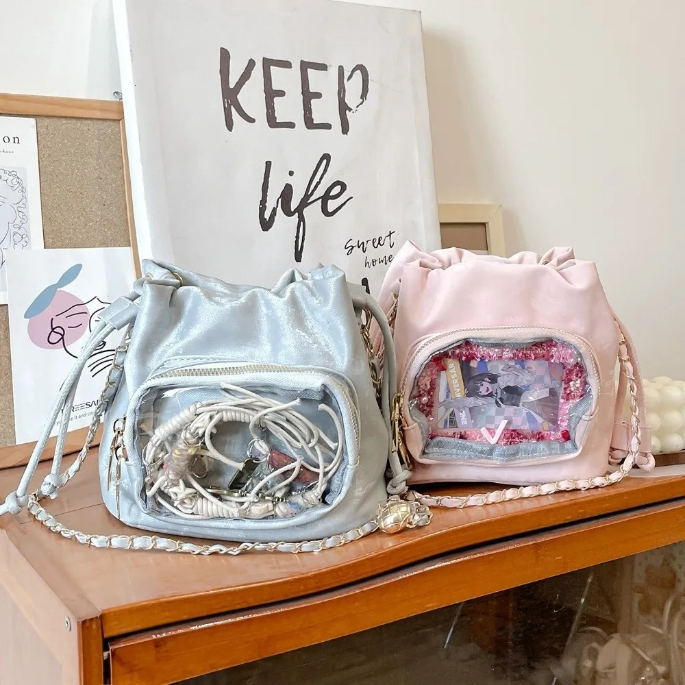 Cute Handbag Transparent Pocket Itabag Shoulder Bag Purse Drawstring Bucket Solid Color Korean Style Crossbody Student 260208