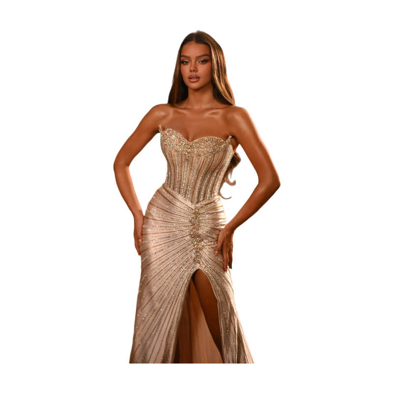 Sparkly Sweetheart Sequins Prom Dresses Sexy Sleeveless Beading Floor Length Evening Dress Customized High Slit Train Party Gown