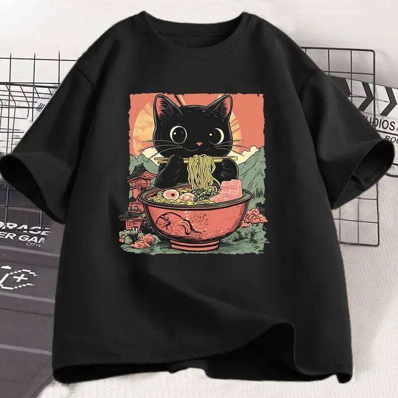 Cute Black Cat Eating Ramen Print Harajuku Short Sleeve Casual Women's T-shirt Clothing Tops Aesthetic Clothes X260209