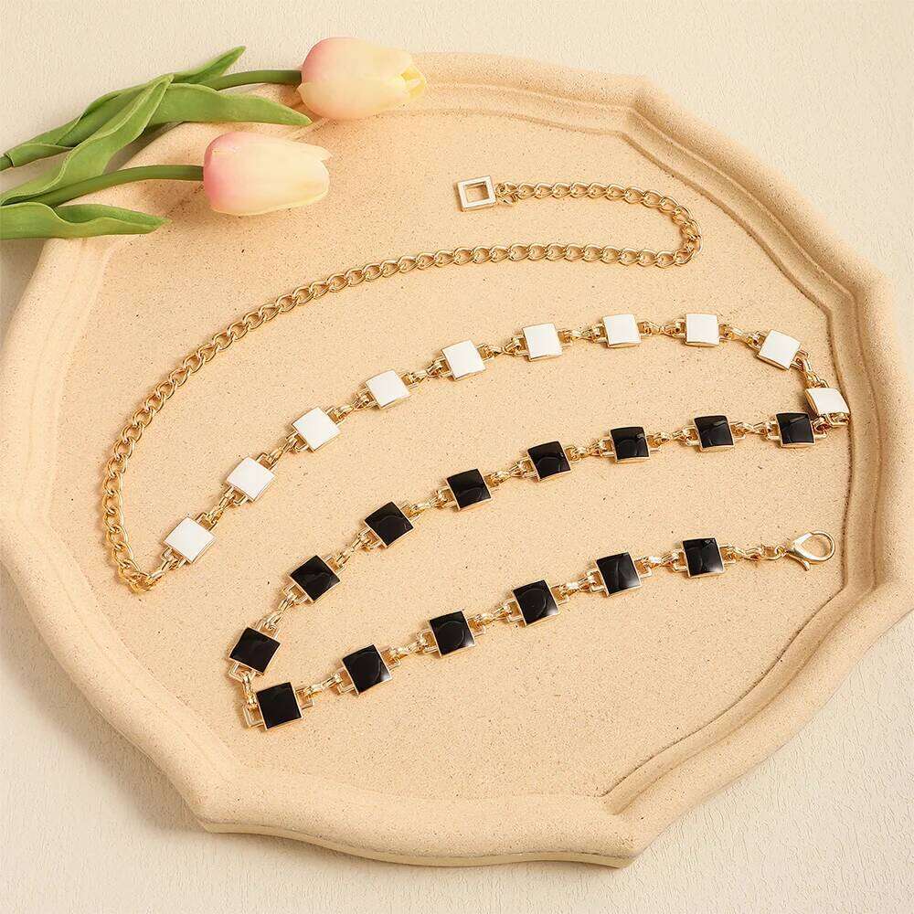 Metal women's waist double-sided black and white square belt body simple chain dress X260209