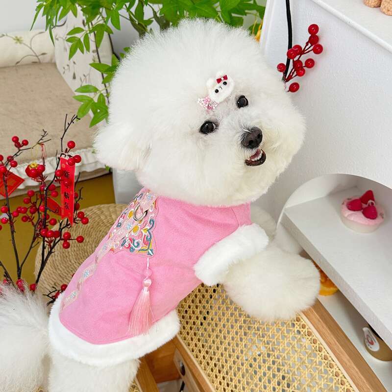 Year Winter Outfit Embroidered Cheongsam New Chinese Style Fleece-Lined Warm Pet Dog Cat Clothes Plush Tang Suit
