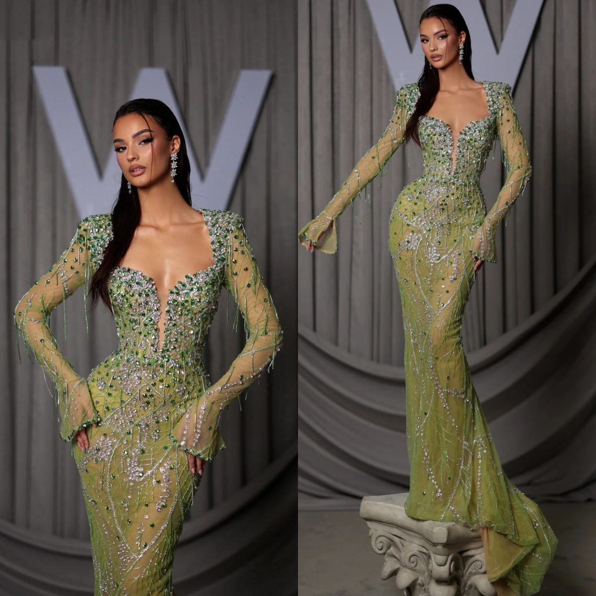 Exquisite Crystals Mermaid Prom Gowns Deep V Neck Long Sleeve Evening Dresses Beaded Special Party Customized