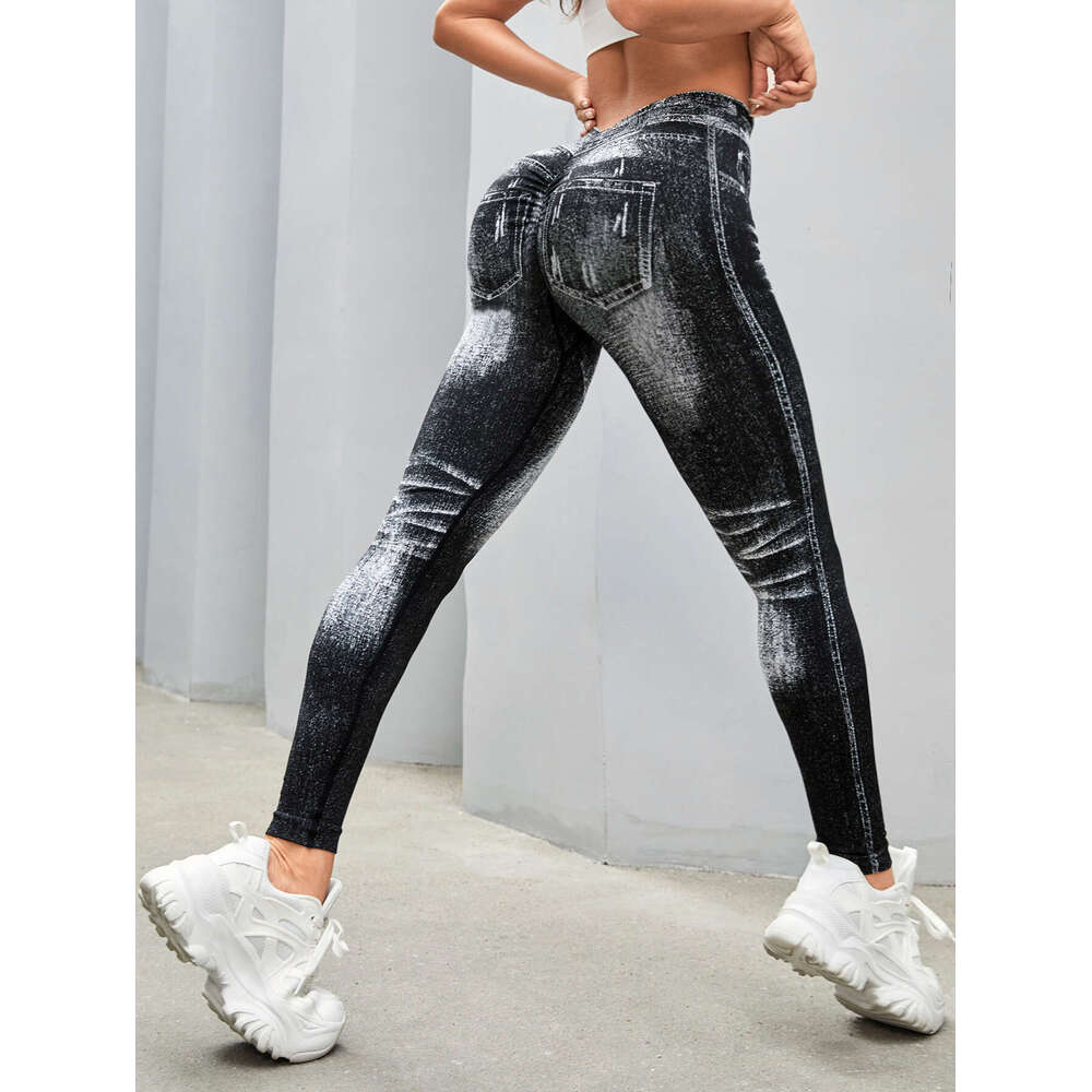 2026Hot-Selling Imitation Denim Seamless Yoga For Women, Back V-Waist, Hip-Lifting, Quick-Drying, Tight-Fitting Running Sports Fitness Long Pants WKER