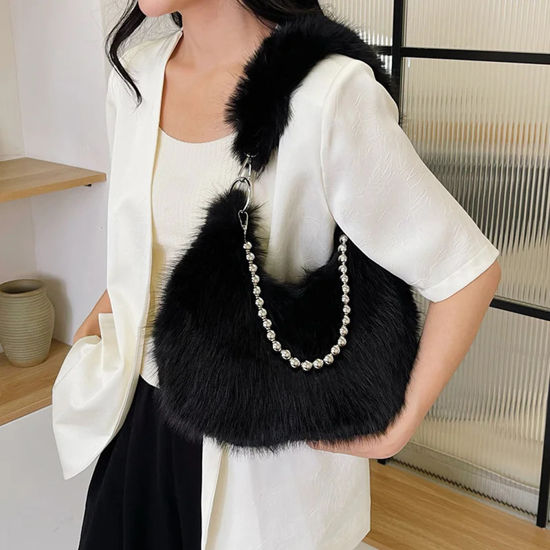 Plush Women Armpit Purse Chain Fluffy Versatile Shoulder Bag Faux Fur Fashion Underarm Ladies Winter Crossbody Hobo 260208