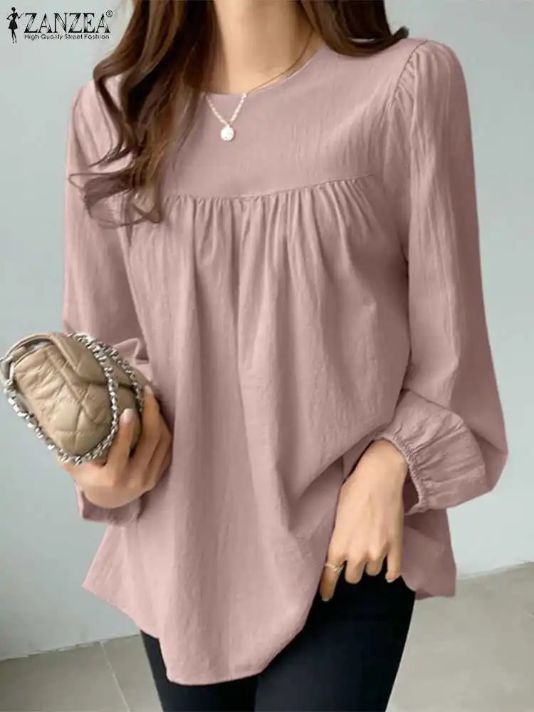 ZANZEA Elegant Solid Blouse Women Long Sleeve O Neck OL Work Shirt Spring Autumn Fashion Tunic Tops Blusas Female Loose Chemise 260207