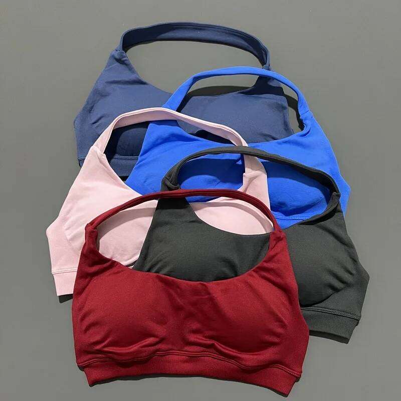 No Logo Sports Women Seamless Yoga Underwear Removable Bra Pads Open Top Fitness Push-up Gym Wear Workout Halter 26Y0209