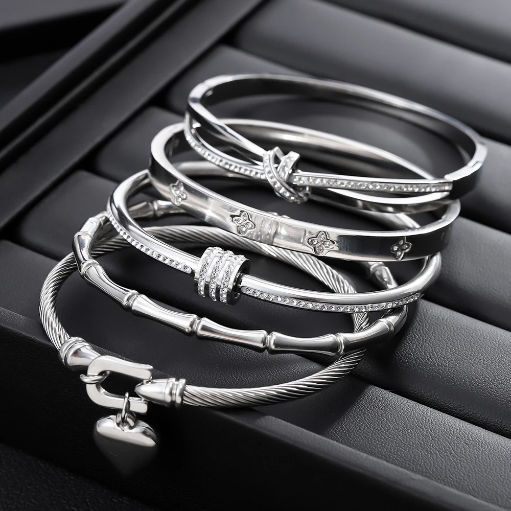 5PCS Classic Fashion Stainless Steel Cuff Bracelets Waterproof Silver Color Love Zircon Bangle Unique Jewelry Gifts 260206