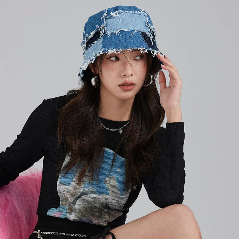 Japanese Niche Bucket Hat Showing Small Face Retro Beggar Style Splicing Contrasting Color Denim Basin Caps for Women 260208