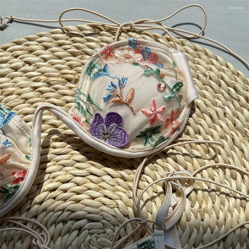 Women's Swimwear Bathing Suit String Bikinis Beige Shiny Flower Embroidery Thong Micro Push Up Bikini Set Sexy Swimsuit Women