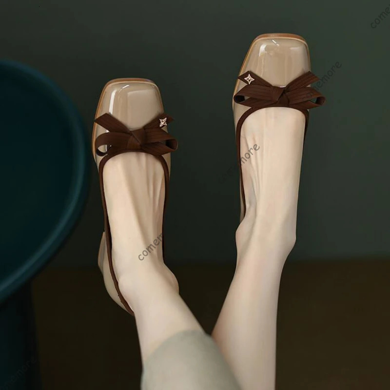 Comemore Women Casual Retro Bowknot Pumps Shoes Spring Autumn Fashion British Style Elegant Square Toe Thick Heeled Shoe 260208