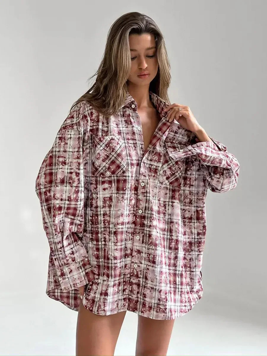 Wolfeel Spring Autumn Personalized Street Retro Vintage Plaid Shirt Womens Loose Outer Long Sleeved Women Loose Shirt 260207