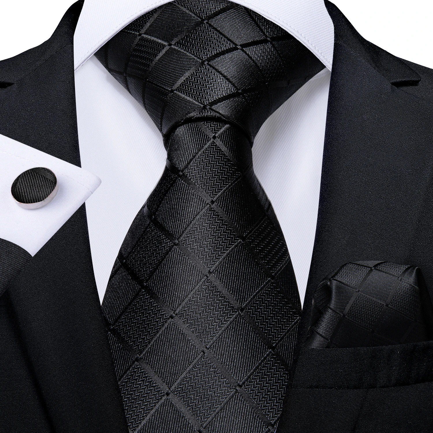 DiBanGu Business Plaid Black Solid Elegant Silk Ties for Men Tie Buckle Handkerchief Cufflinks Wedding Accessory 260208