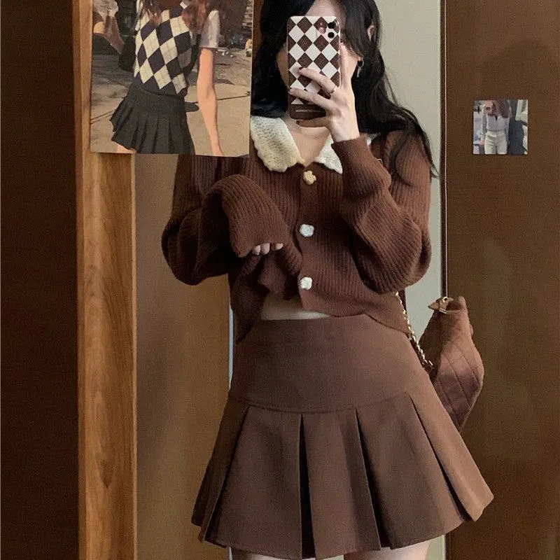 Vintage Brown Pleated Skirt Women Spring Summer Korean Style Y2K High Waisted Aline Mini Skirts Preppy Girls Causal 260126