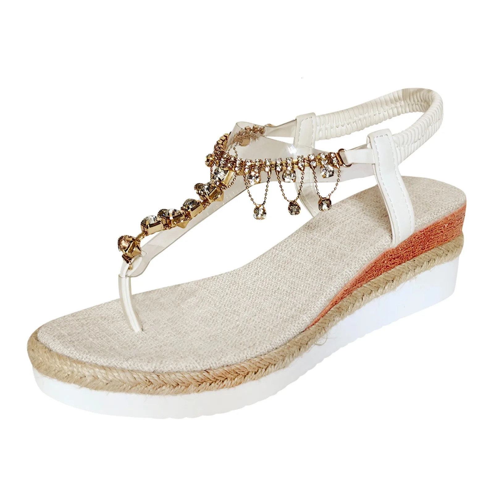Bohemian Rhinestone Sandals For Women Fashion Wedge Heel Thick Sole Heightening WomenS Elastic Band Hollow Flower Sandals 260204