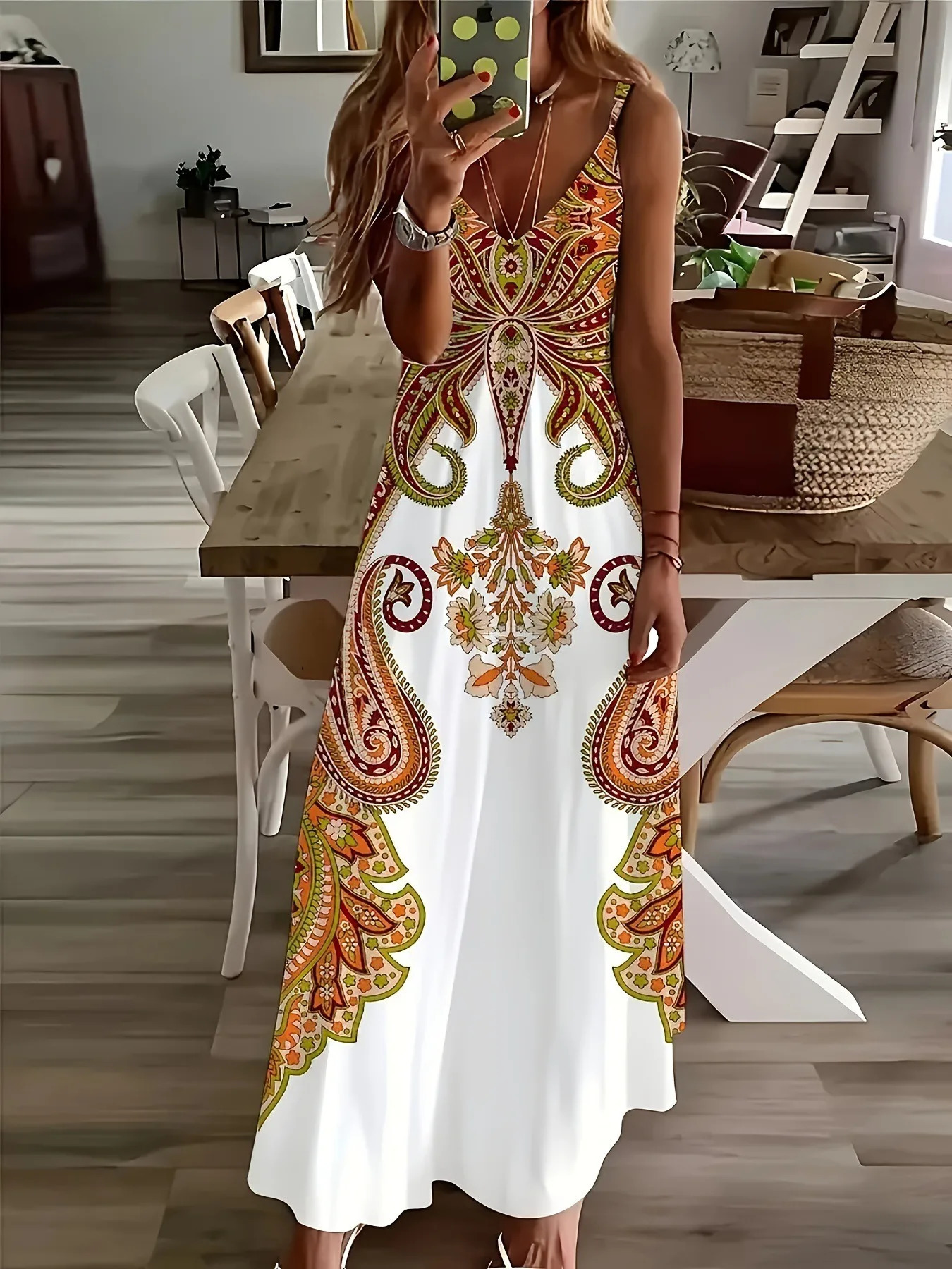 Cross border Flower Printed V-neck Strap Dress with Exotic Bohemian Vacation Style Elegant Long Style 260118
