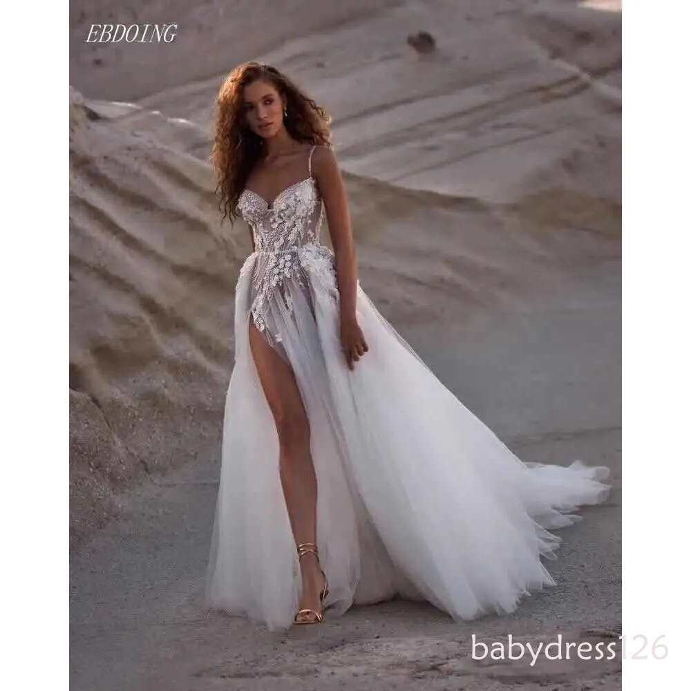 Newest Sweetheart Sleeveless Spaghetti Straps Glitter Custom Wedding Dresses