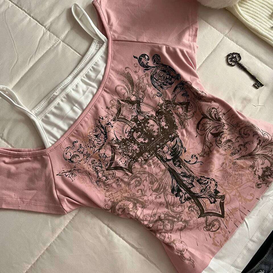Y2k Women's Short Sleeved Top Harajuku Pink Printed Casual Fashion Street Sweet Sexy Millennium Style
