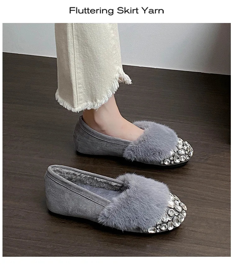 Glitter Rhinestone Ladies Plush Flat Shoes Female Cozy Crystal Decorate Loafers Winter Warm Walking Driving Shoes Casual 260124