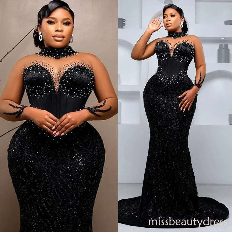 2026 Sexy Plus Size Black Evening Dresses African Prom Formal Gowns Beaded Sequined Lace High Neck Illusion Crystals Long Sleeves robe de soiree marie