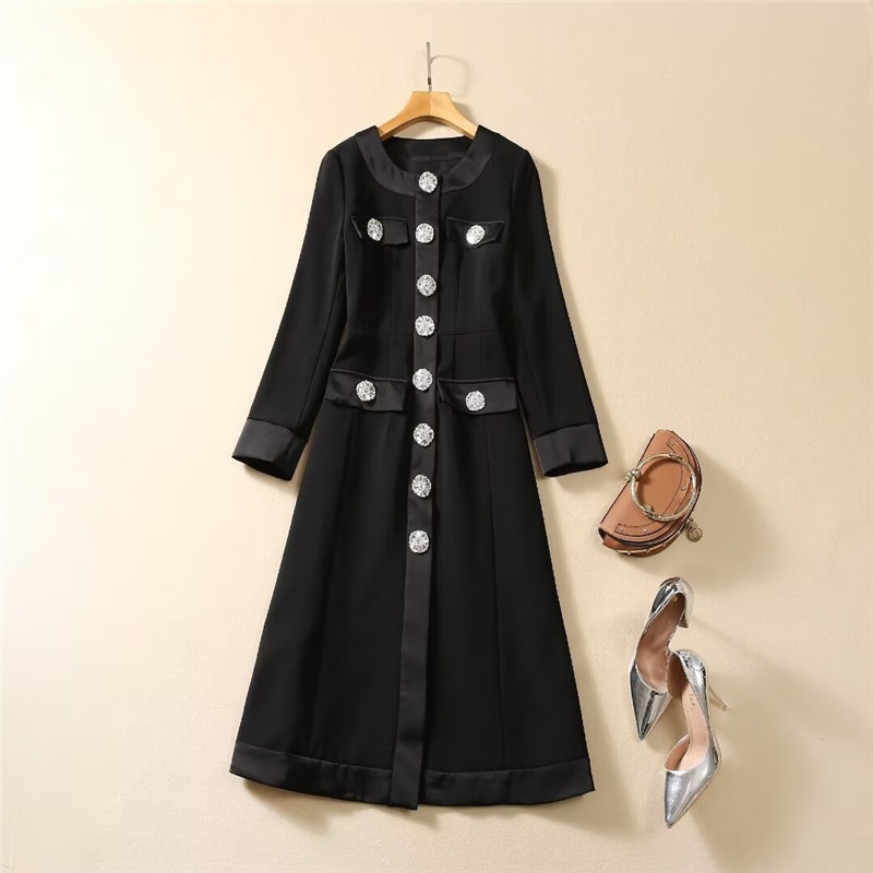early spring new patchwork black trench coat with rhinestone buttons hidden buttons slim fit long style elegant womens top