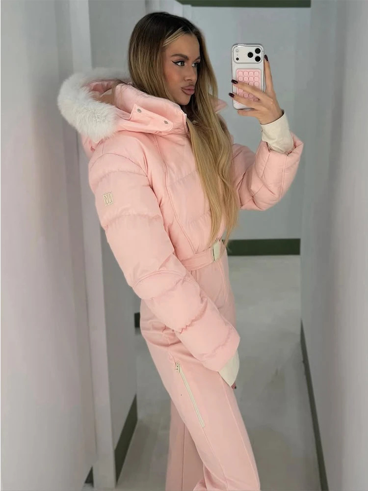 Pink Fur Collar Hooded Long Jumpsuit Women Casual Full Sleeves Stand Warm Slim Snowsuit 2026 Lady Chic Snowboard Outwear 260126