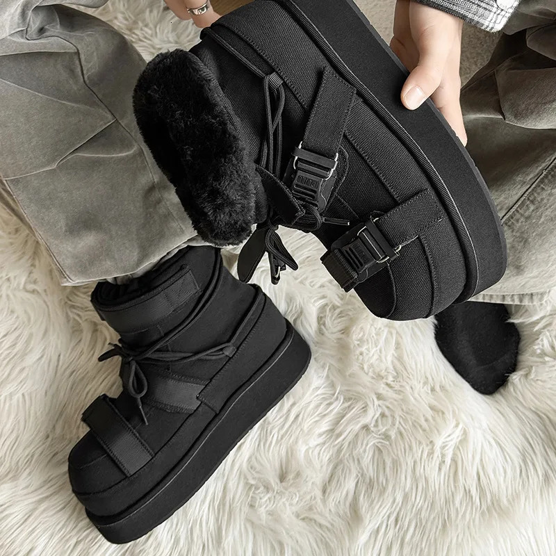 Winter Short Snow Boots Woman Cross Lace Up Round Toe Wool Warm Flat Platform Shoes Women Cow Suede Ankle Boots For Women 260202