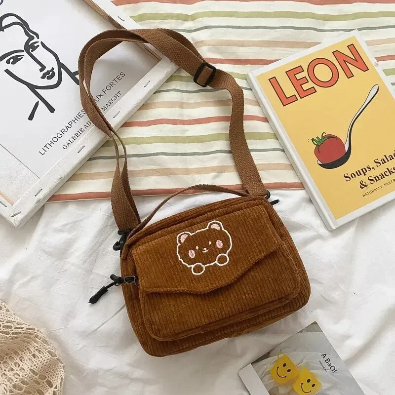 Personalized Teddy Bear Embroidered Diagonal Shoulder Bag Corduroy Crossbody Cute Teen Canvas BagHarajuku Phone Pouch 260208