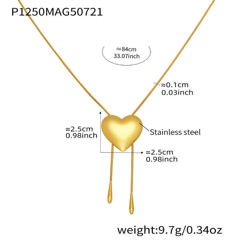 18k Gold / Silver Plated Necklace: Stainless Steel Pull Buckle Heart Shaped Smooth Long Necklace 18k Gold Plated Wearable Side Jewelry Sweater Chain, 