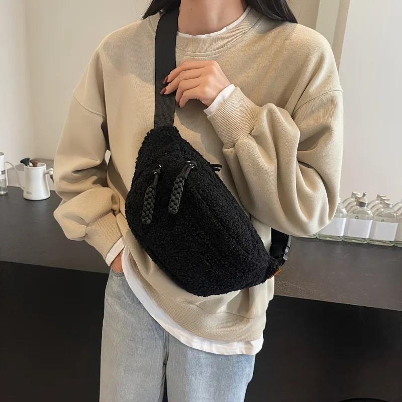 Mens Casual Solid Color Plush Material Chest Bag Fashionable Daily Commuting Waist Crossbody Shoulder 260208
