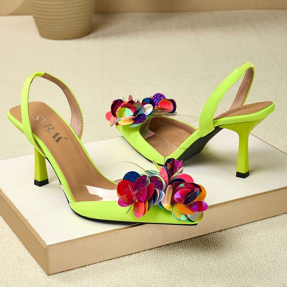 Ladies Fashionable Pointed Toe Open Back Ultra High Heeled Sandals Adorned With Sequined Design At The Toe Perfect For Parties Banquets Weddings And O