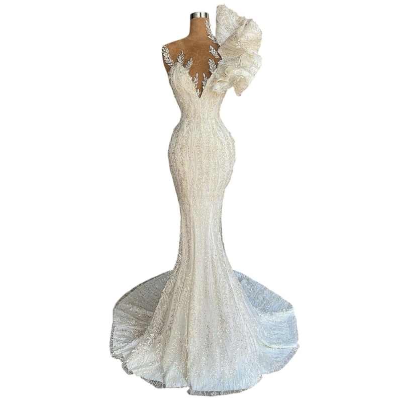 Fashion Mermaid Wedding Dresses For Women O Neck Sleeveless Bridal Gown 3D Appliques Sequins Lace Sweep Train Customized Dress