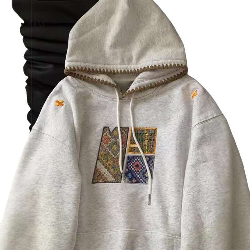 National Trend Embroidered American Retro Hooded Sweatshirt Women's Autumn Winter Slim Loose Lazy Style Fleece Plus Size Top