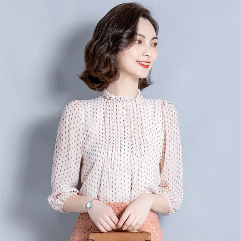 Women Spring Autumn Style Chiffon Blouses Shirts Lady Casual Long Sleeve ONeck Polka Dot Printed Blusas Tops DD8879 250203