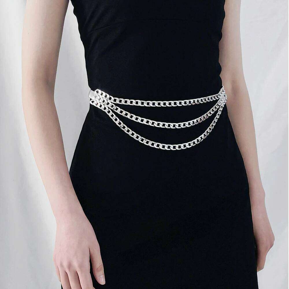Women's fashion elastic spring waist multi-layer metal chain dress belt X260209