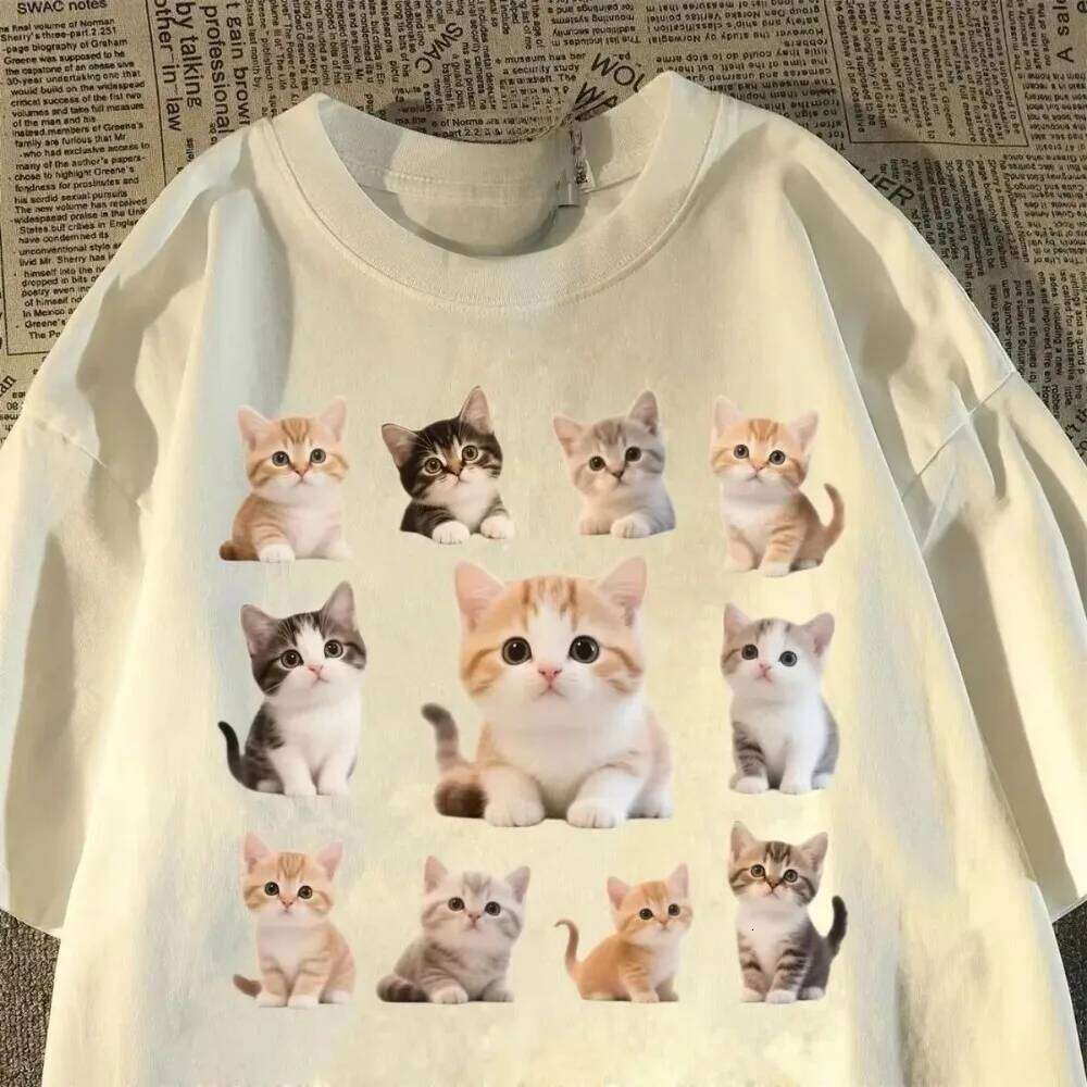 Summer Women's Cartoon Cute Cat Print Crew-neck Short Sleeves T-shirt Fashion Graphic T Shirts Y2k Women Clothing Tops Cotton X260209