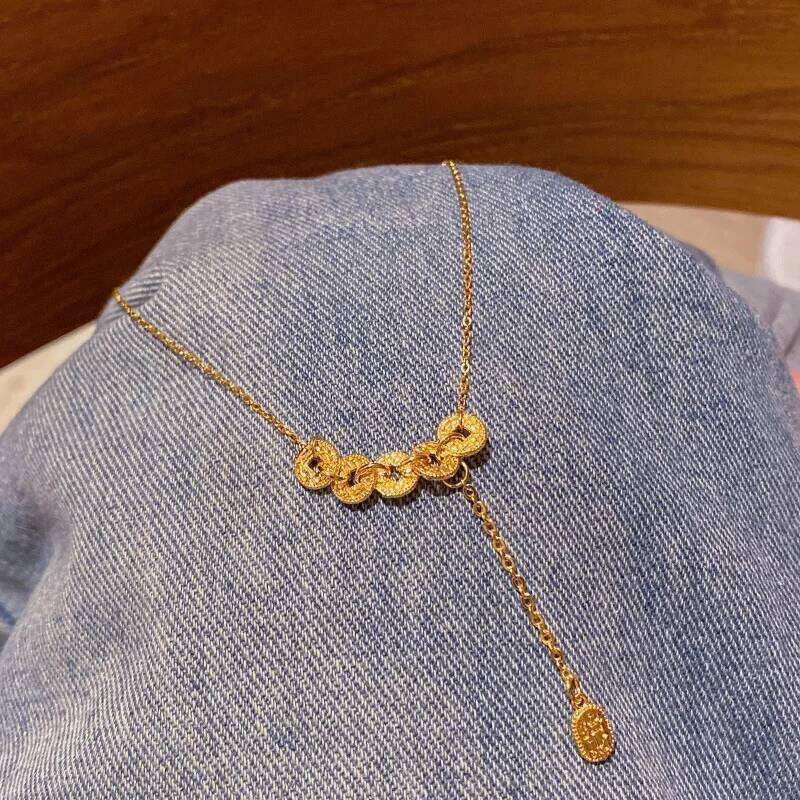 Necklace Gold Plated Crushed Ice Five Emperors Coin Chinese Retro Clavicle Chain Light Luxury Niche for Wedding Cultural Festival Gift High Quality Te
