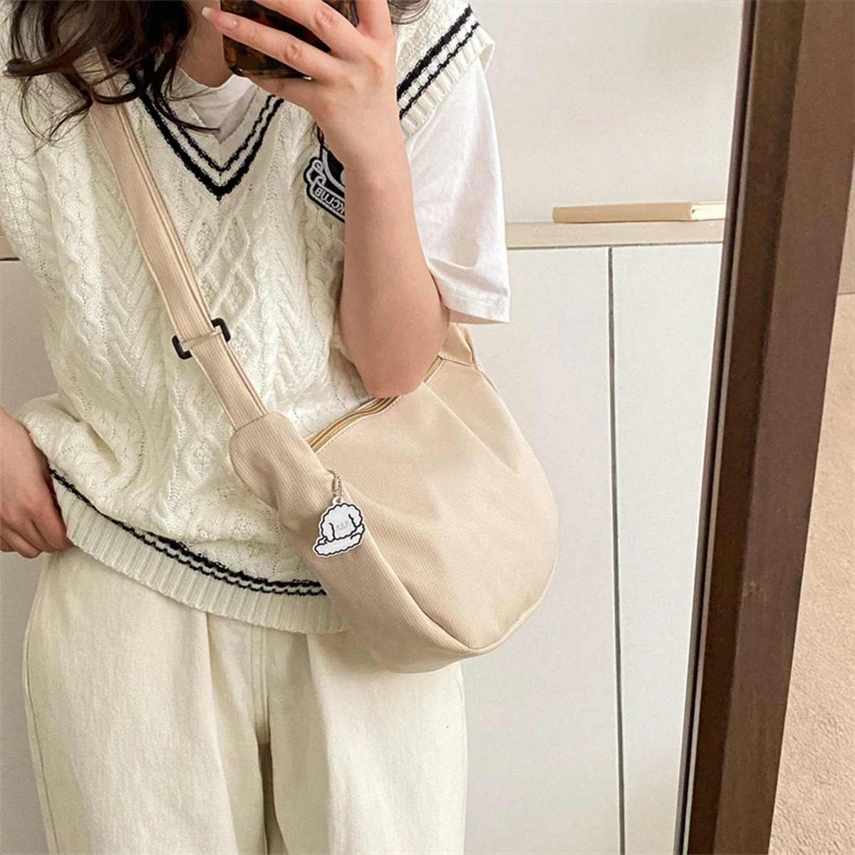 Minimalist Crossbody Bag with Puppy Pendant Spacious Stylish ScratchResistant Nylon Shoulder for Daily Essentials 260208