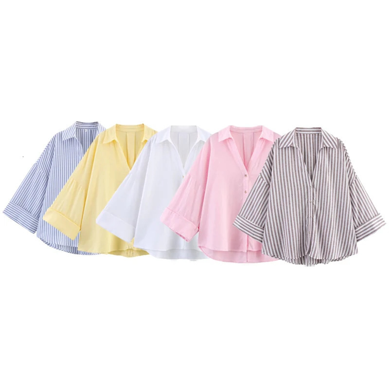 HXAO Womens Shirt Oversized Blouse Summer Shirt Blouse Yellow Pink White Striped Shirt Elegant Large Size Long Sleeve Shirts 260122
