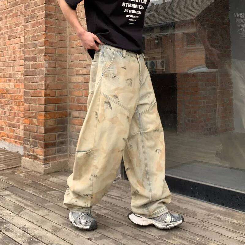 2026 Spring American Style Men's Curved-knife Jeans Pleated Design Casual Contrast Color Splash-ink Wide Leg Male Denim Pants