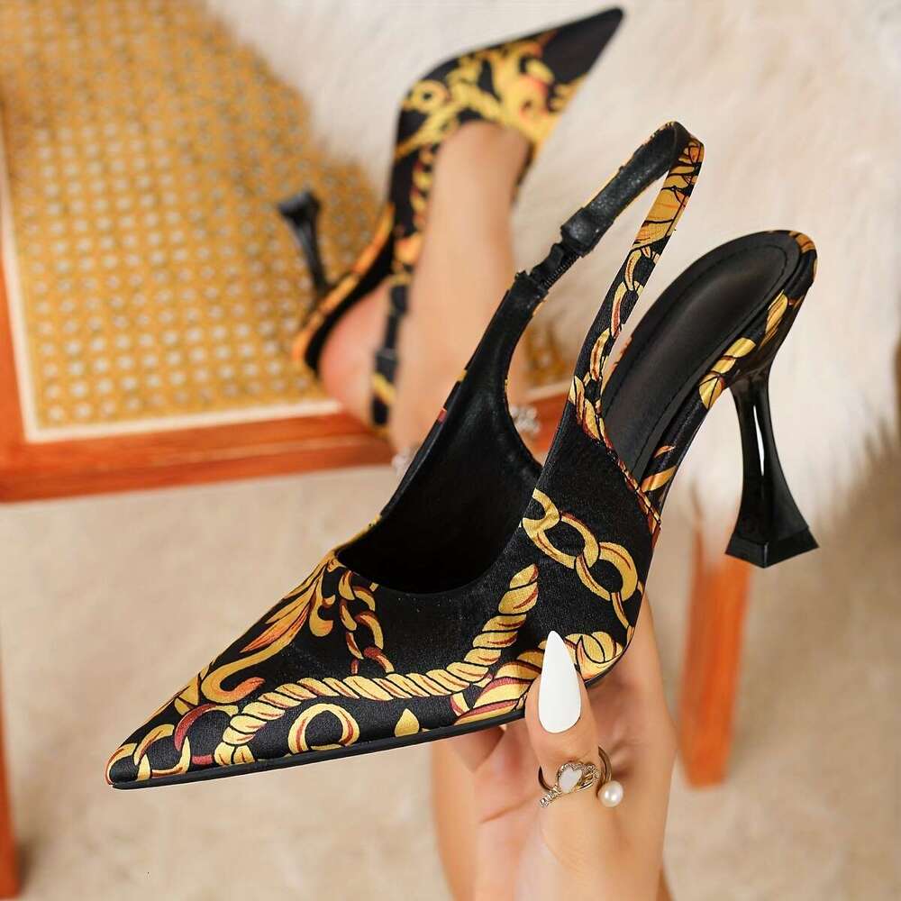 Elegant Women S Sandals Printed Chain Pointed Toes Featuring Comfortable High Heels With A Trumpet Thin Heel These Black High End Shoes Exude Luxury M