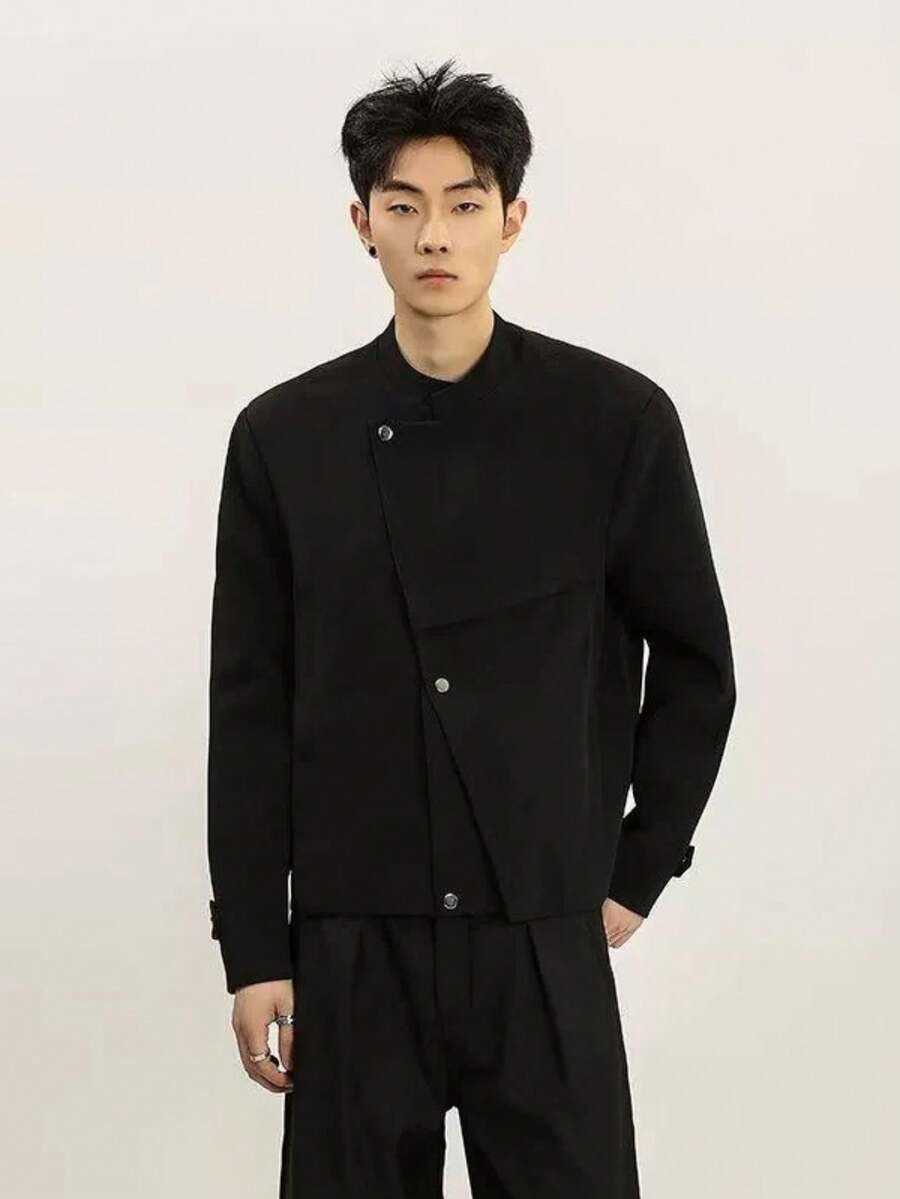New Chinese Style Sloping Front Jacket With Mens Deconstruction And Loose Leaf Design Button Up Collar And Shoulder Pads Zhongshan Suit Jacket C260209