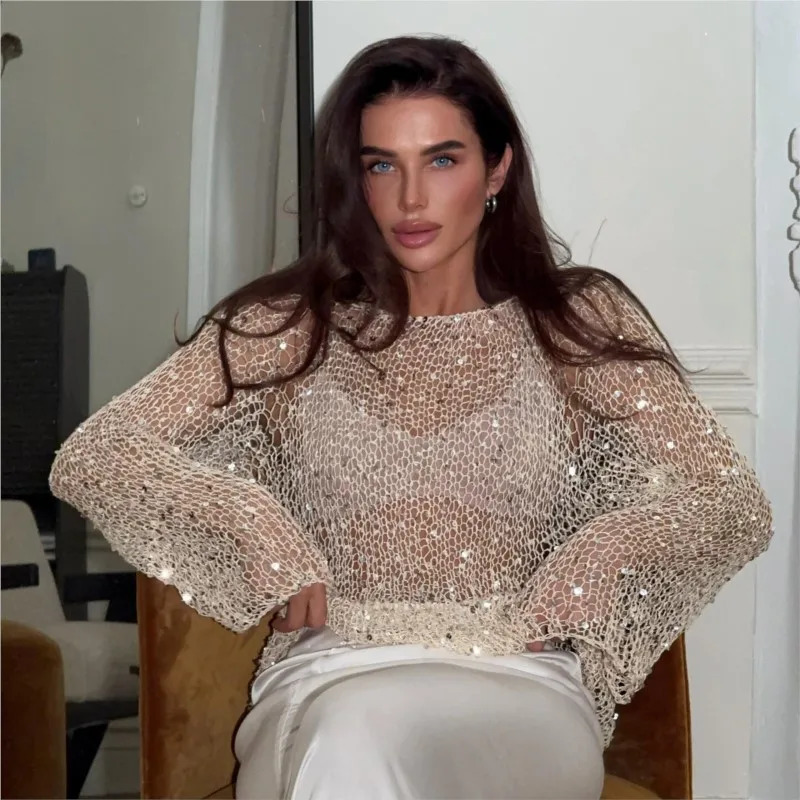 Fashion Sexy See Through Hollow Out Shiny Tops Women Round Neck Loose Sequins Glitter Pullover Chick Chic Outfits 250203