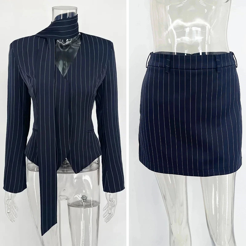 Tuularose 3 Piece Dress Set Women Elegant V-Neck Striped Ribbon Blazer Slim Short Dress Set Fashion Women Party Dress Set 260208