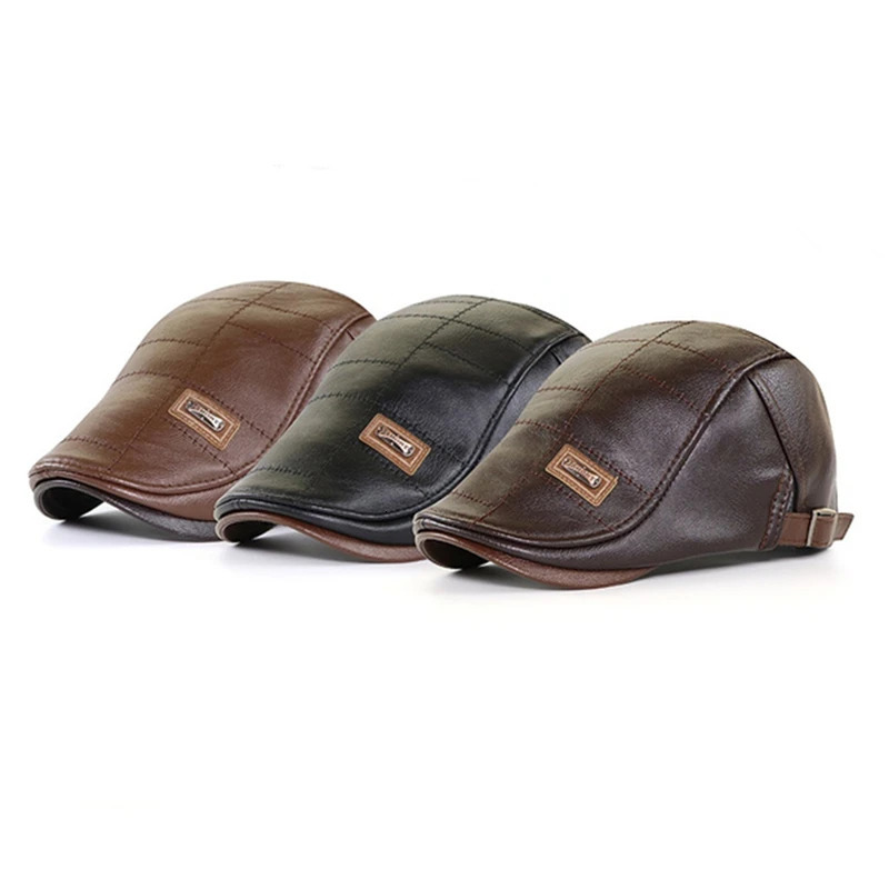 Autumn Winter Men Beret Hat Leather Flat Cap Male Adjustable High Quality Fashion Warm Leather Mens Retro Beret Caps 2024 260205